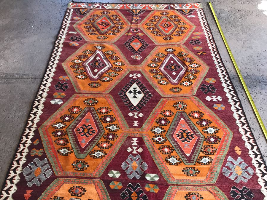 JUST ADDED - Stunning Vintage Turkish Kilim Hand Woven Rug Geometric Tribal Patterns Oranges Browns 118' X 63' [Photo 7]