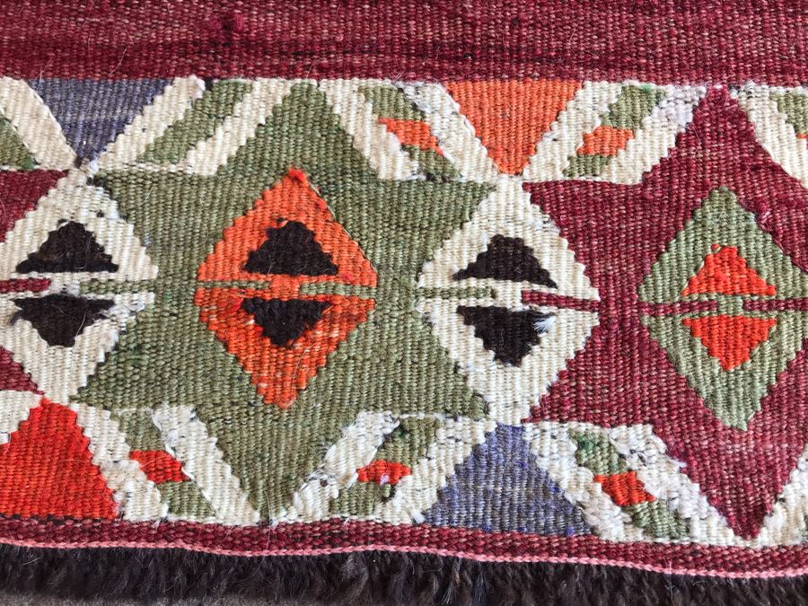 JUST ADDED - Stunning Vintage Turkish Kilim Hand Woven Rug Geometric Tribal Patterns Oranges Browns 118' X 63' [Photo 8]