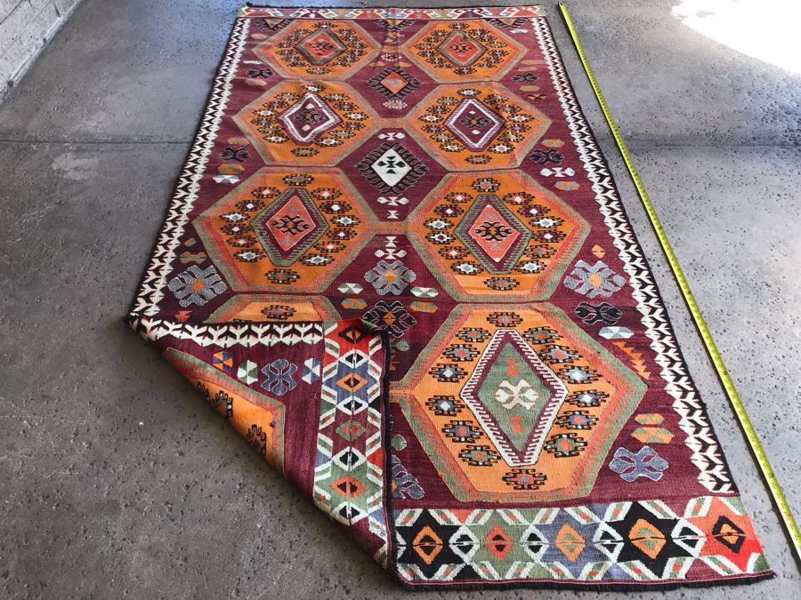 JUST ADDED - Stunning Vintage Turkish Kilim Hand Woven Rug Geometric Tribal Patterns Oranges Browns 118' X 63' [Photo 9]