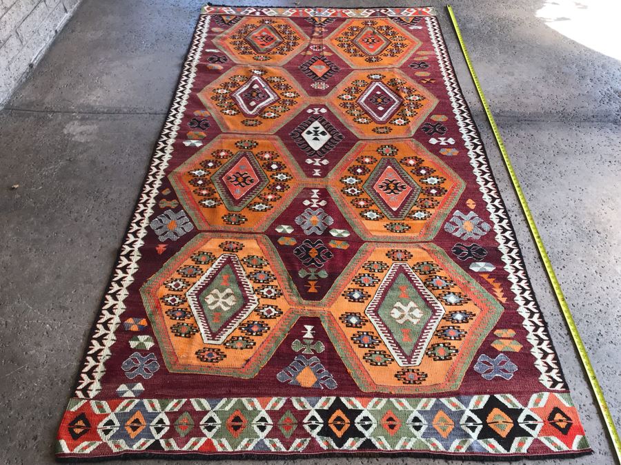 JUST ADDED - Stunning Vintage Turkish Kilim Hand Woven Rug Geometric Tribal Patterns Oranges Browns 118' X 63' [Photo 2]
