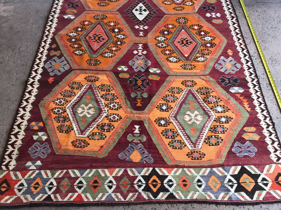 JUST ADDED - Stunning Vintage Turkish Kilim Hand Woven Rug Geometric Tribal Patterns Oranges Browns 118' X 63' [Photo 6]