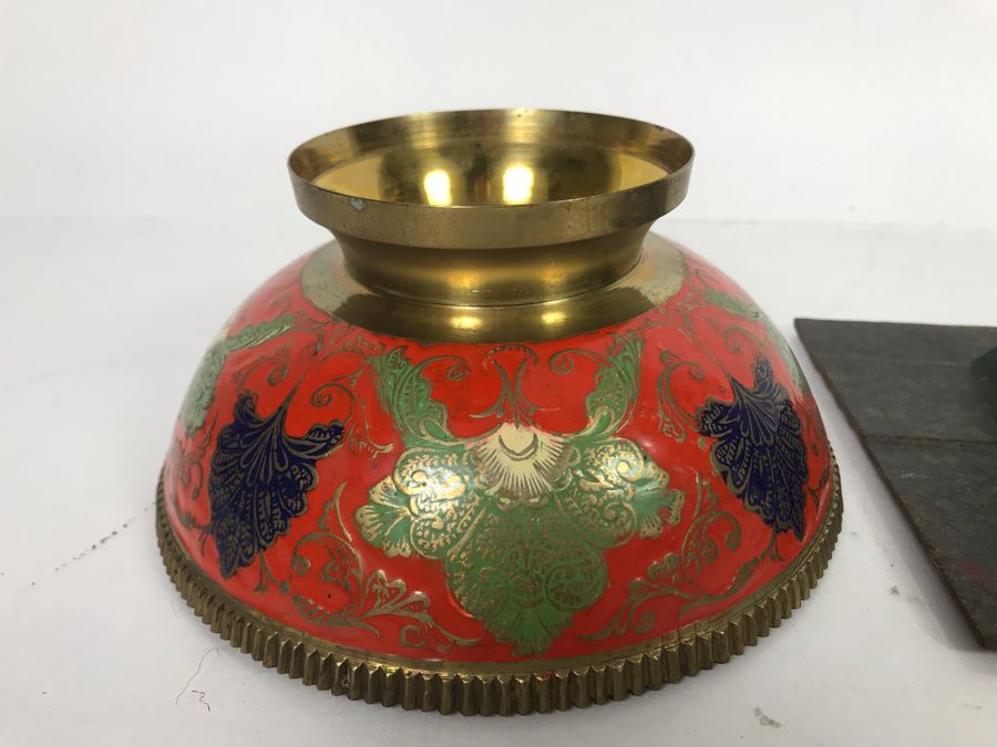 JUST ADDED - Chinese Metal Ashtray And Brass Enamel Footed Indian Bowl With Peacock Decorations [Photo 12]
