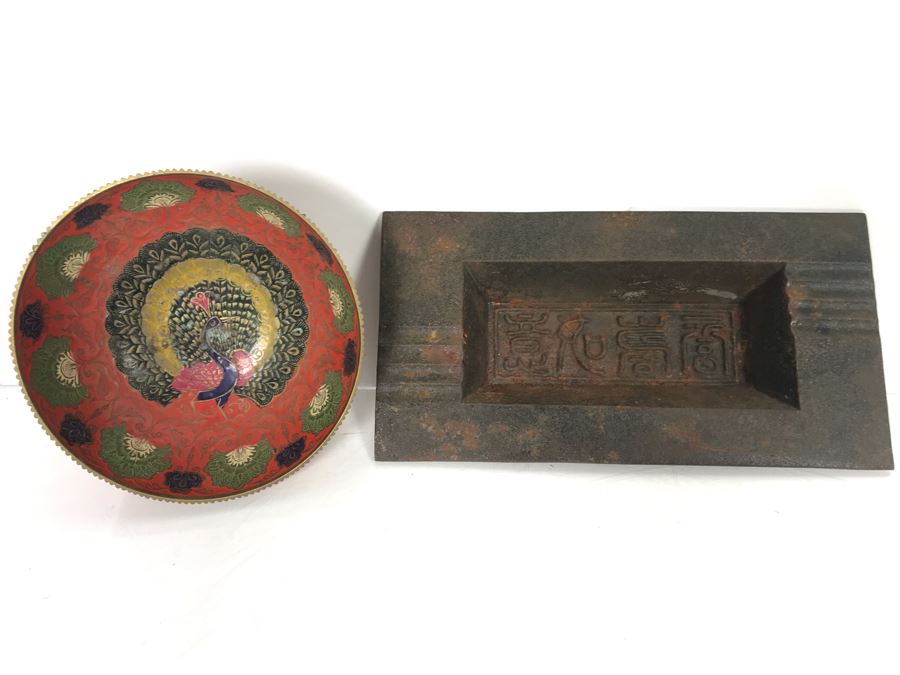 JUST ADDED - Chinese Metal Ashtray And Brass Enamel Footed Indian Bowl With Peacock Decorations
