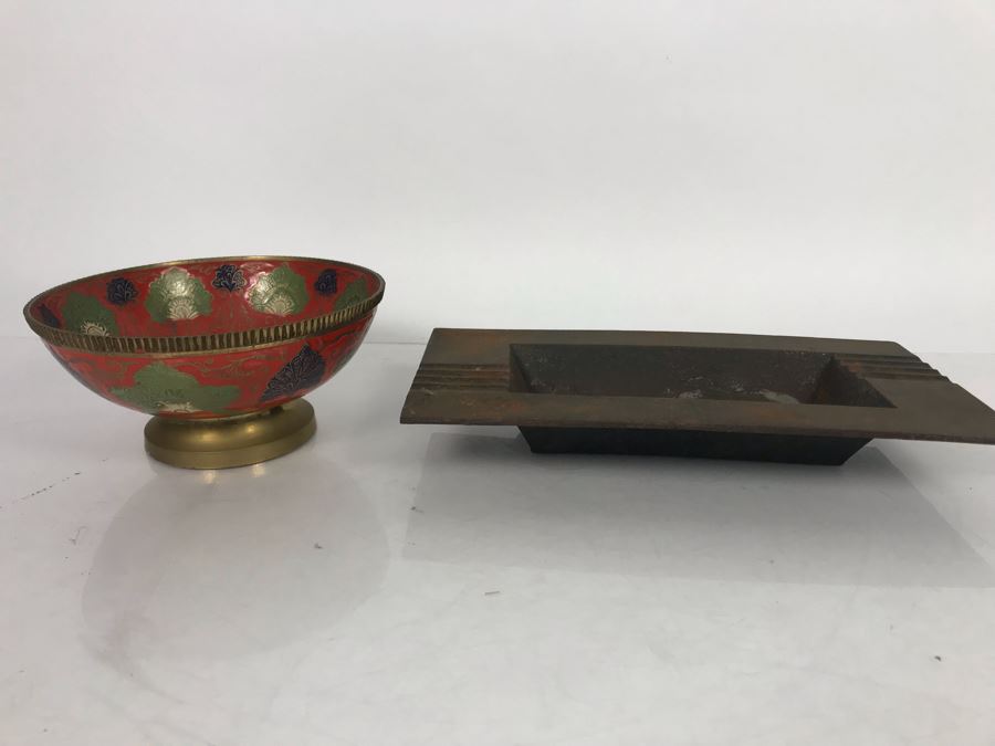 JUST ADDED - Chinese Metal Ashtray And Brass Enamel Footed Indian Bowl With Peacock Decorations [Photo 6]