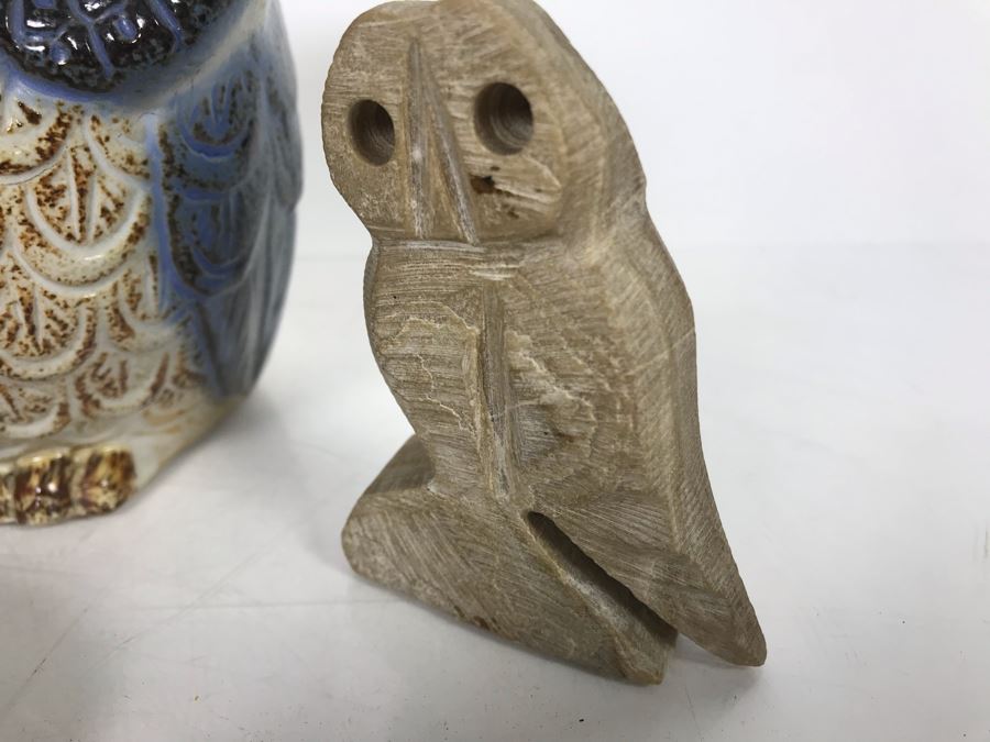 JUST ADDED - Owl Collection Featuring Carved Stone Owl, Carved Wooden Owl, Cermaic Owl Planter And Hand Painted Rock [Photo 4]
