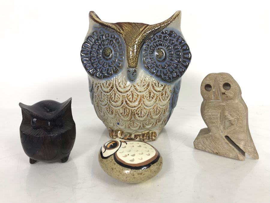 JUST ADDED - Owl Collection Featuring Carved Stone Owl, Carved Wooden Owl, Cermaic Owl Planter And Hand Painted Rock [Photo 2]