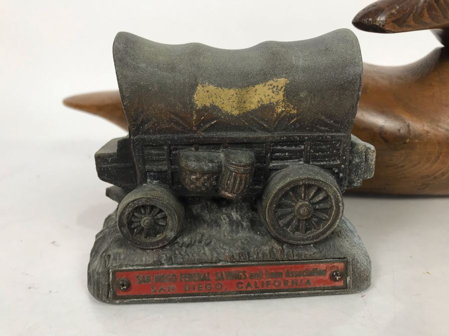 JUST ADDED - Carved Wooden Duck Decoy And Old San Diego Federal Savings And Loan Association Conestoga Wagon Metal Figurine [Photo 2]