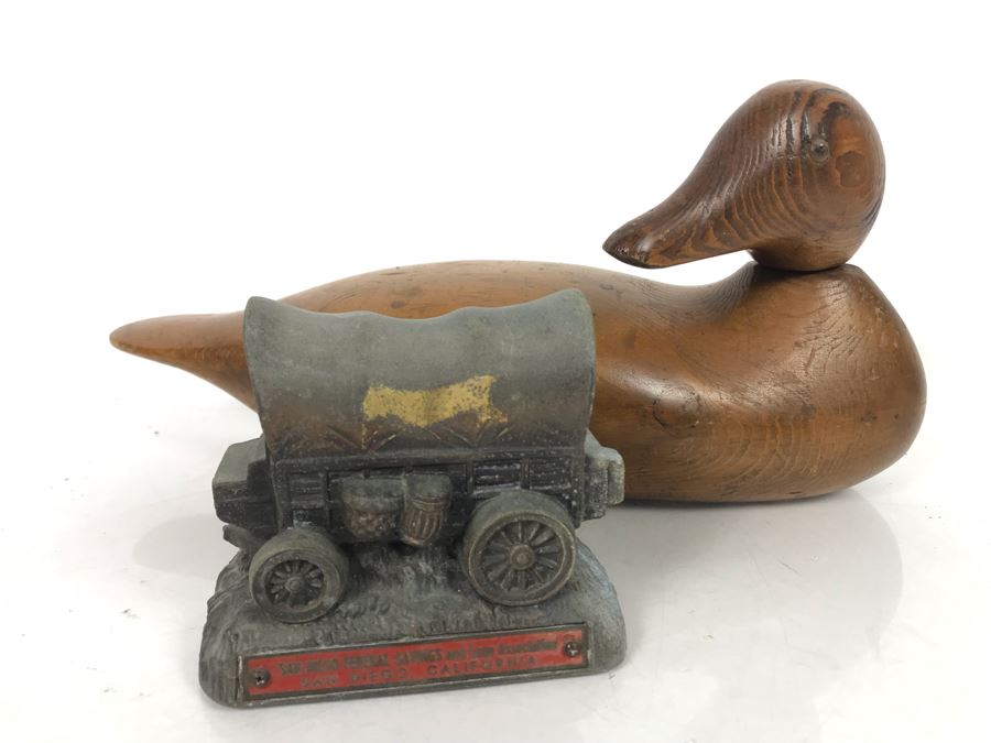 JUST ADDED - Carved Wooden Duck Decoy And Old San Diego Federal Savings And Loan Association Conestoga Wagon Metal Figurine [Photo 1]