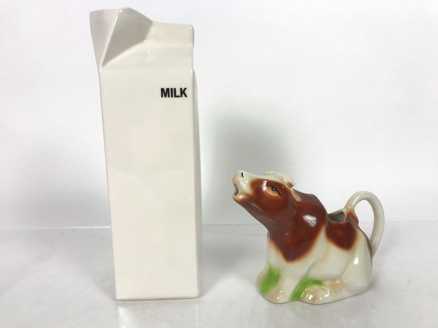 JUST ADDED - Vintage Tony Wood Staffordshire England Cow Milk Creamer And Ceramic Milk Carton Figurine [Photo 1]