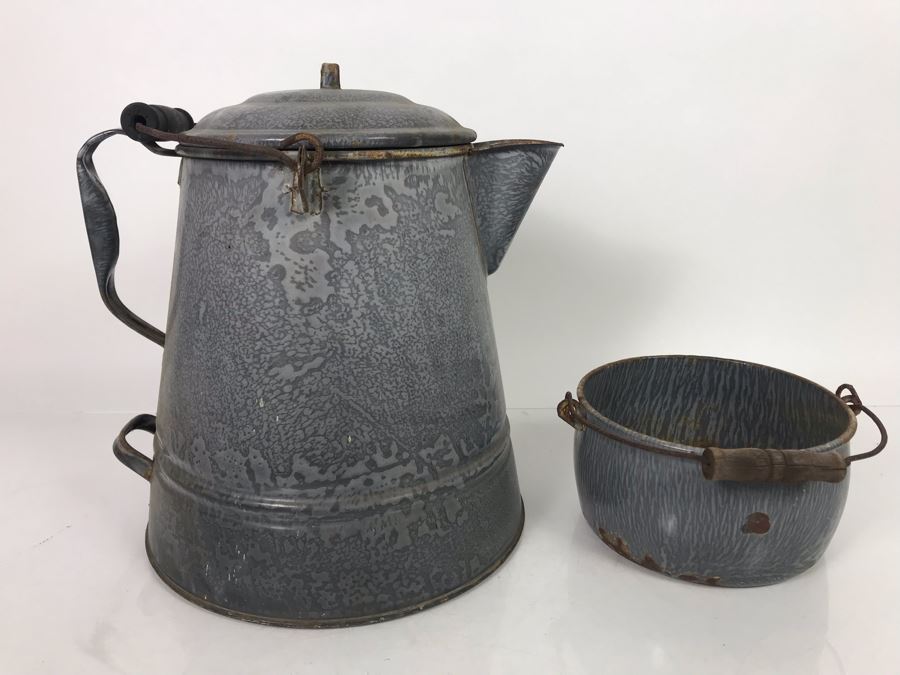 JUST ADDED - Vintage Enamel Graniteware Coffee Pot And Handled Pot [Photo 1]