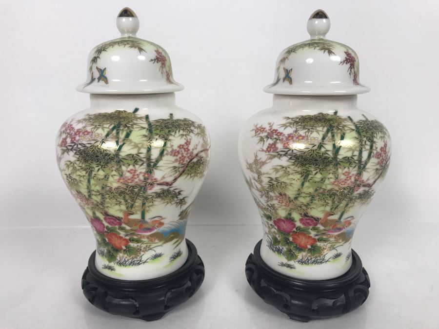 JUST ADDED - Pair Of Vintage Asian Porcelain Ginger Jars With Wooden Stands [Photo 1]
