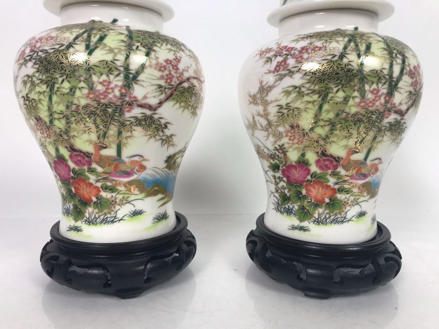 JUST ADDED - Pair Of Vintage Asian Porcelain Ginger Jars With Wooden Stands [Photo 2]