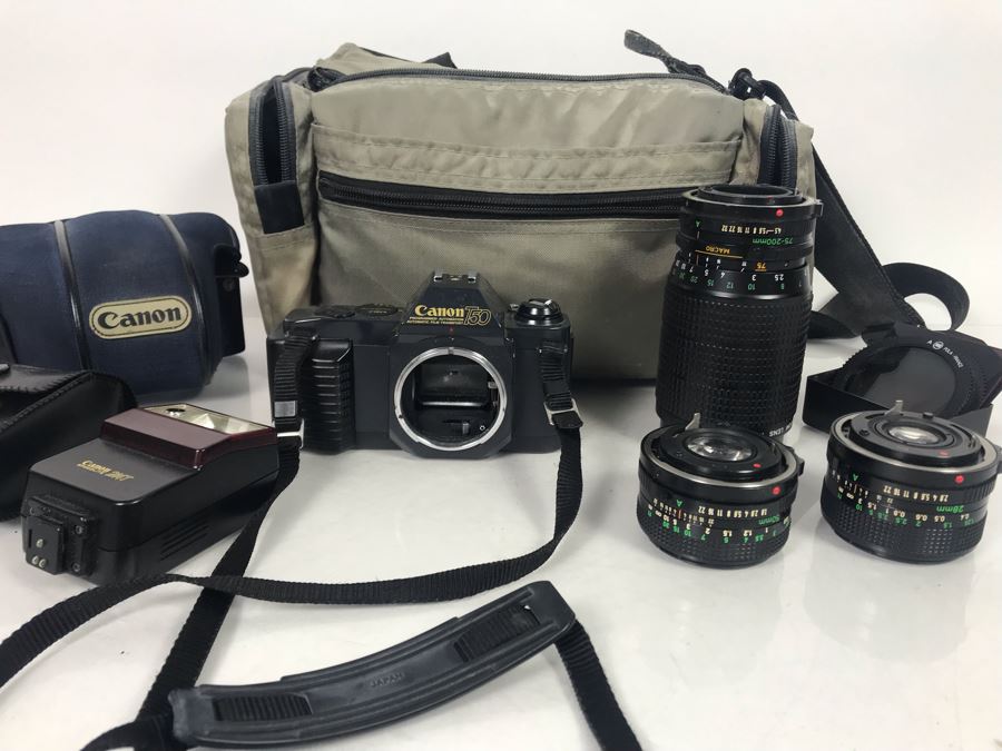 JUST ADDED - Canon Photography Lot Featuring Canon T50 Camera, Flash, Three Canon Camera Lenses, Filters And Camera Bag [Photo 2]