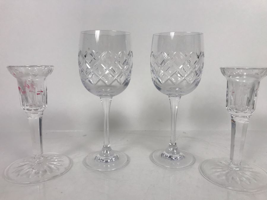 JUST ADDED - Waterford Crystal Lot With (2) Stemware Glasses And Pair Of Candlesticks [Photo 1]