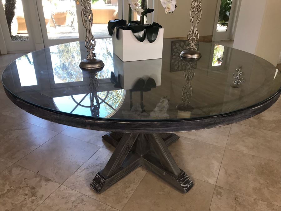 Round Wooden Pedestal Table In Grey Tone Finish With Glass Top By South Cone Home 5'R X 31'H [Photo 6]
