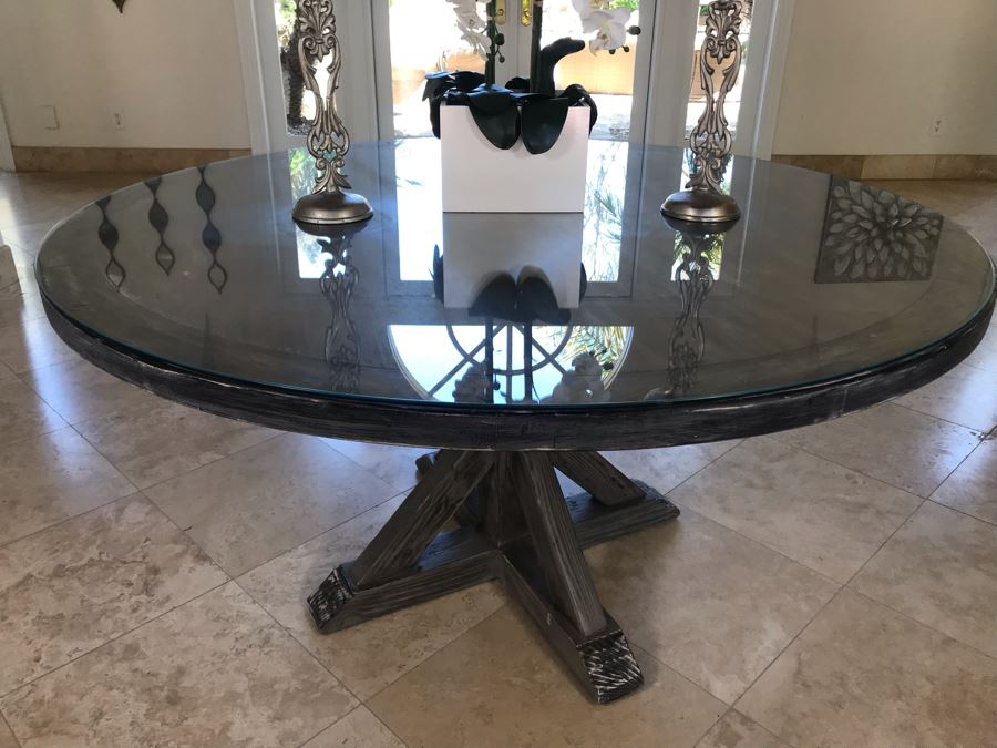 Round Wooden Pedestal Table In Grey Tone Finish With Glass Top By South Cone Home 5'R X 31'H [Photo 5]