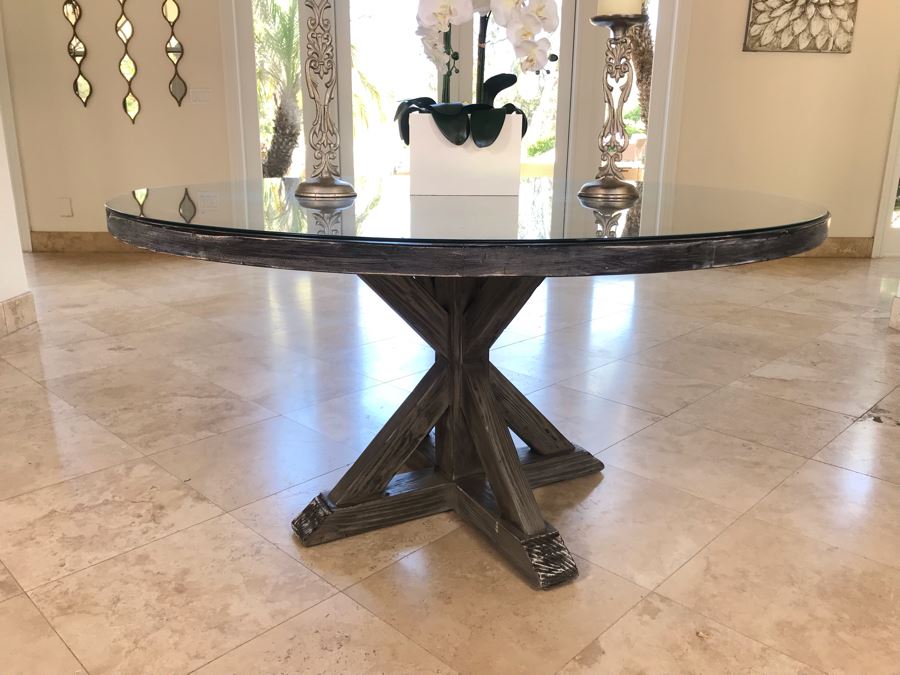 Round Wooden Pedestal Table In Grey Tone Finish With Glass Top By South Cone Home 5'R X 31'H [Photo 2]
