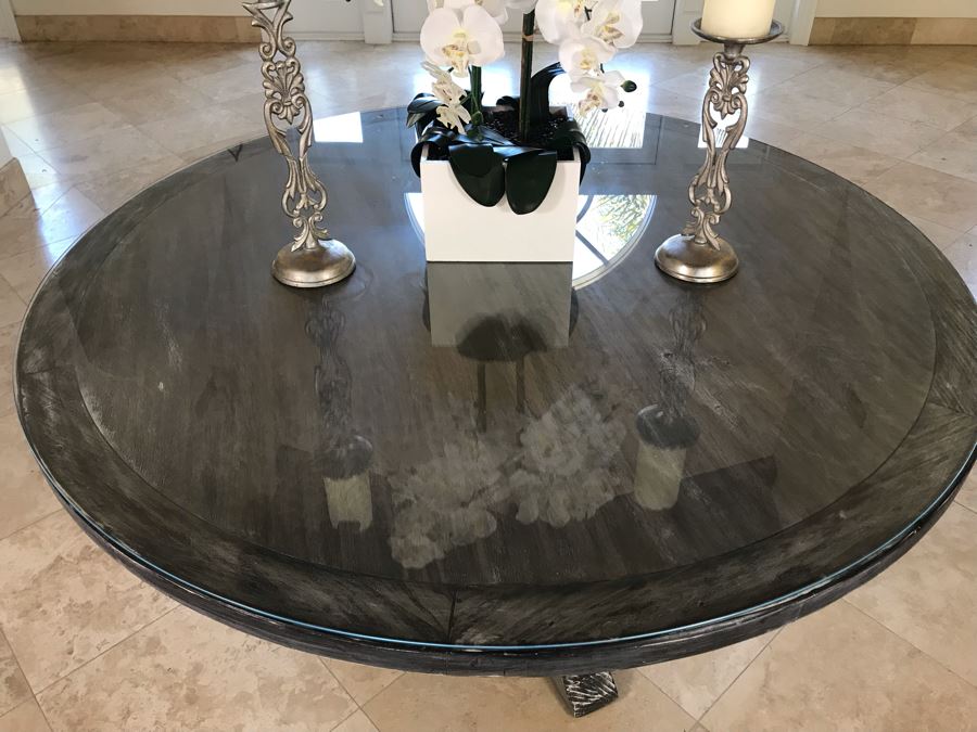 Round Wooden Pedestal Table In Grey Tone Finish With Glass Top By South Cone Home 5'R X 31'H [Photo 4]