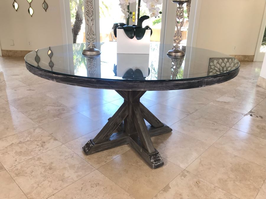 Round Wooden Pedestal Table In Grey Tone Finish With Glass Top By South Cone Home 5'R X 31'H [Photo 3]