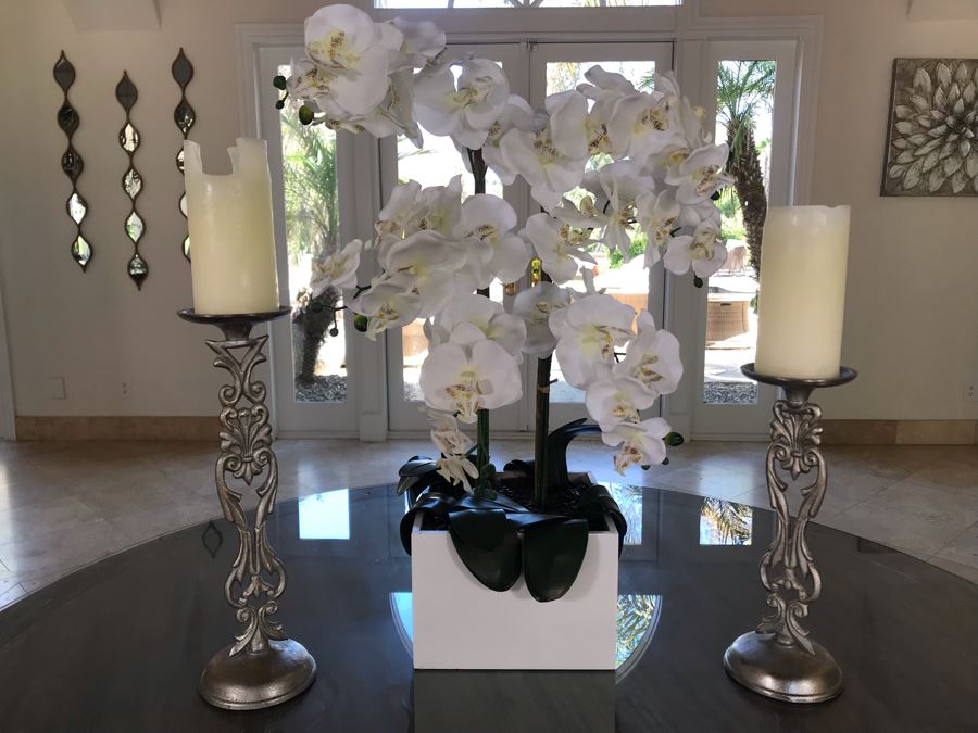 Home Decor Lot With Artificial Orchids Plants And Pair Of Silver Metal Candle Holders [Photo 2]