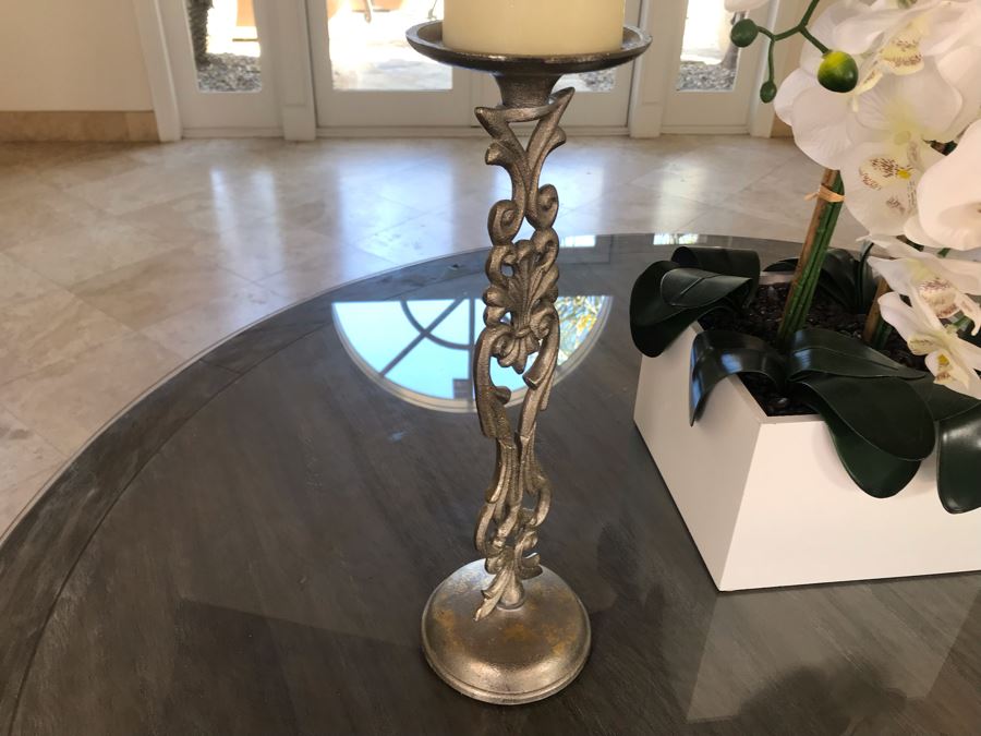 Home Decor Lot With Artificial Orchids Plants And Pair Of Silver Metal Candle Holders [Photo 7]