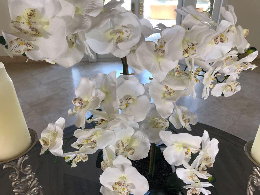 Home Decor Lot With Artificial Orchids Plants And Pair Of Silver Metal Candle Holders [Photo 3]