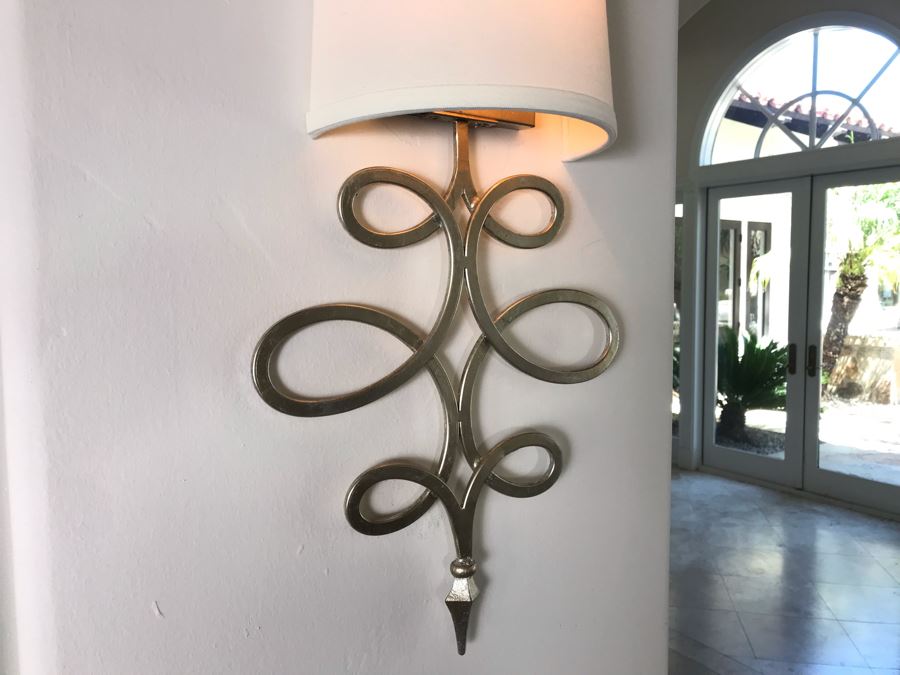 Set Of (4) Silver Tone Metal Lighting Wall Sconces With Shades Ea. 20'L X 11'W - See Photos [Photo 5]