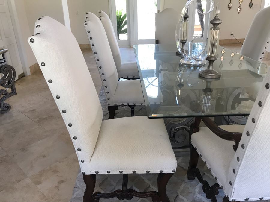 Set Of (8) Upholstered Wooden Dining Chairs (Some Fabric Staining) - Does Not Include Glass Table [Photo 7]