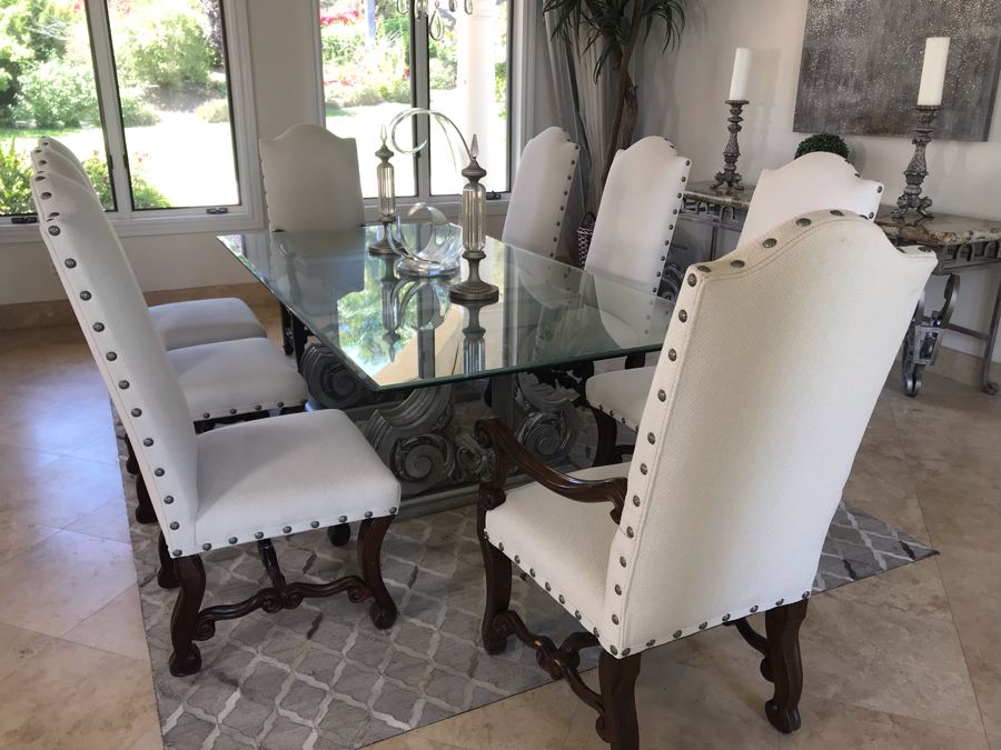 Set Of (8) Upholstered Wooden Dining Chairs (Some Fabric Staining) - Does Not Include Glass Table [Photo 3]