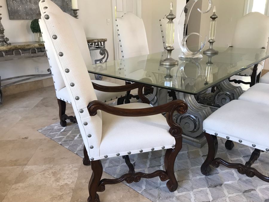 Set Of (8) Upholstered Wooden Dining Chairs (Some Fabric Staining) - Does Not Include Glass Table [Photo 9]