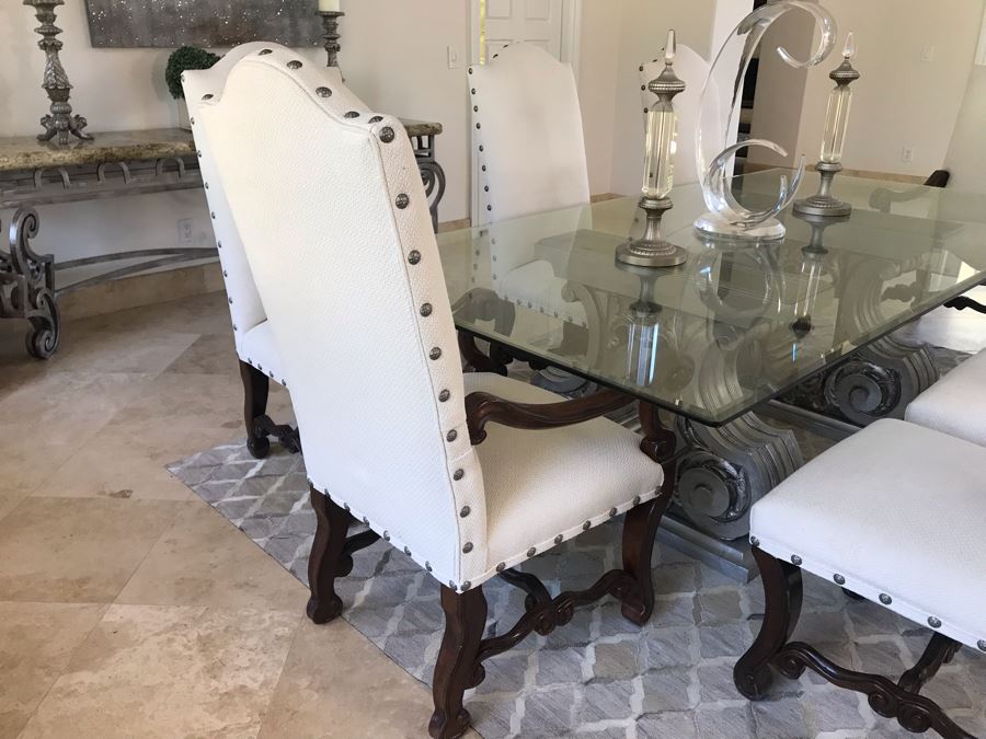 Set Of (8) Upholstered Wooden Dining Chairs (Some Fabric Staining) - Does Not Include Glass Table [Photo 6]