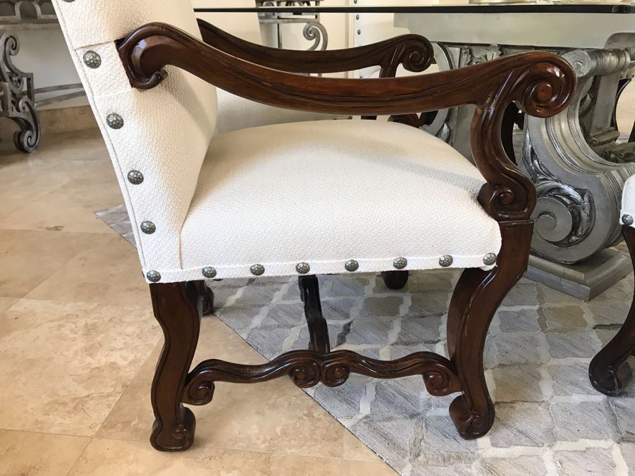 Set Of (8) Upholstered Wooden Dining Chairs (Some Fabric Staining) - Does Not Include Glass Table [Photo 11]