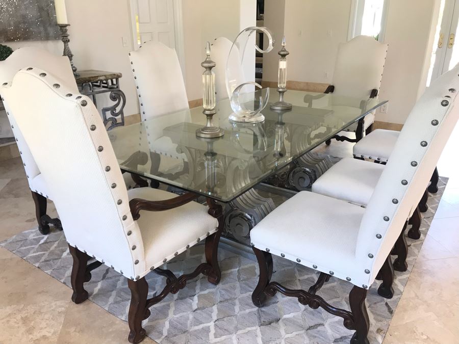 Set Of (8) Upholstered Wooden Dining Chairs (Some Fabric Staining) - Does Not Include Glass Table [Photo 4]