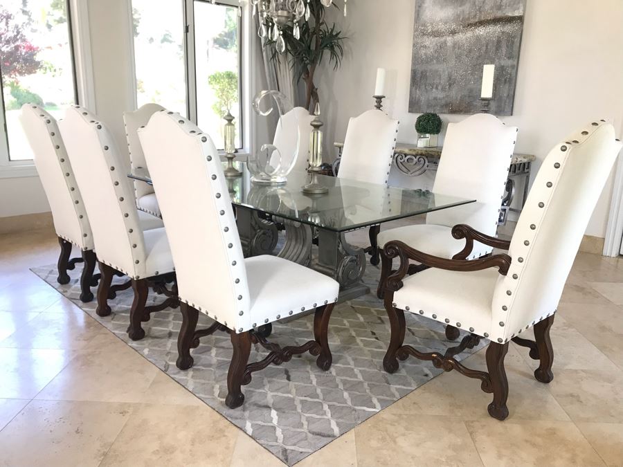 Set Of (8) Upholstered Wooden Dining Chairs (Some Fabric Staining) - Does Not Include Glass Table