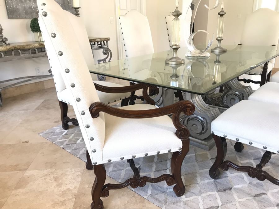 Set Of (8) Upholstered Wooden Dining Chairs (Some Fabric Staining) - Does Not Include Glass Table [Photo 10]