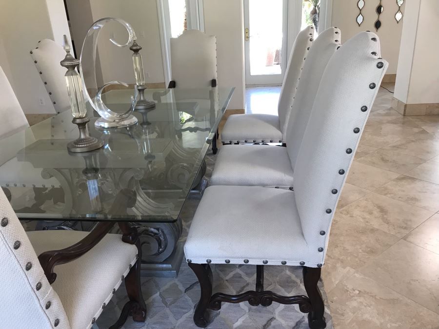 Set Of (8) Upholstered Wooden Dining Chairs (Some Fabric Staining) - Does Not Include Glass Table [Photo 5]