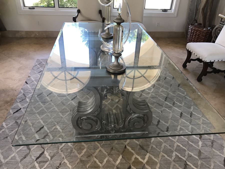Silver Tone Dining Table Base With Beveled Glass Table Top 8' X 4' [Photo 6]