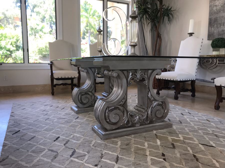 Silver Tone Dining Table Base With Beveled Glass Table Top 8' X 4' [Photo 5]