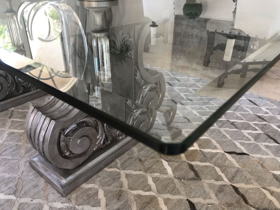 Silver Tone Dining Table Base With Beveled Glass Table Top 8' X 4' [Photo 7]