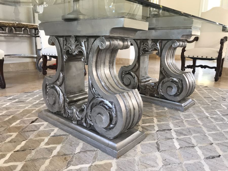 Silver Tone Dining Table Base With Beveled Glass Table Top 8' X 4' [Photo 2]