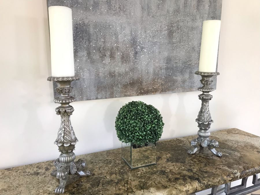 Home Decor Lot With Pair Of Ornate Silver Candle Holders 21'H And Artificial Plant [Photo 3]