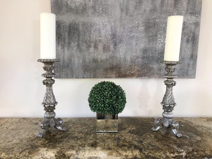 Home Decor Lot With Pair Of Ornate Silver Candle Holders 21'H And Artificial Plant [Photo 4]