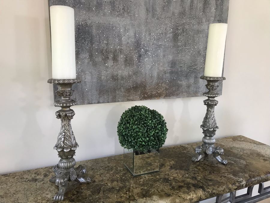 Home Decor Lot With Pair Of Ornate Silver Candle Holders 21'H And Artificial Plant [Photo 2]
