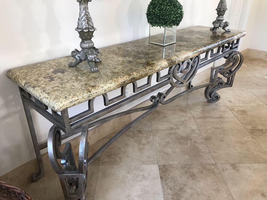 Large Console Entry Table With Thick Marble Top And Ornate Metal Silver Base 91'W X 21.5'D X 33'H [Photo 6]