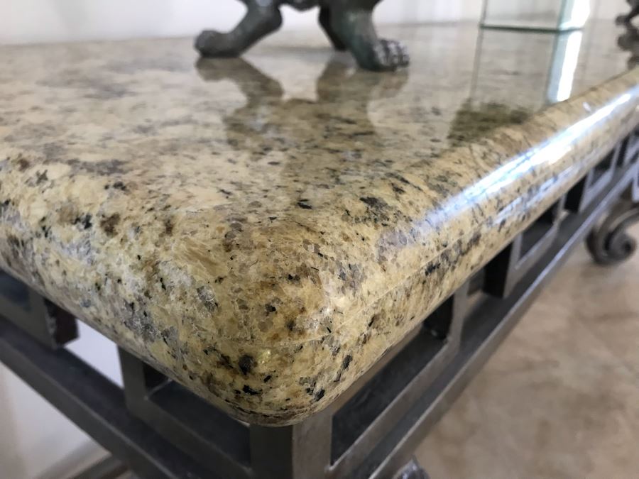 Large Console Entry Table With Thick Marble Top And Ornate Metal Silver Base 91'W X 21.5'D X 33'H [Photo 7]