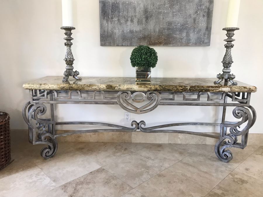 Large Console Entry Table With Thick Marble Top And Ornate Metal Silver Base 91'W X 21.5'D X 33'H