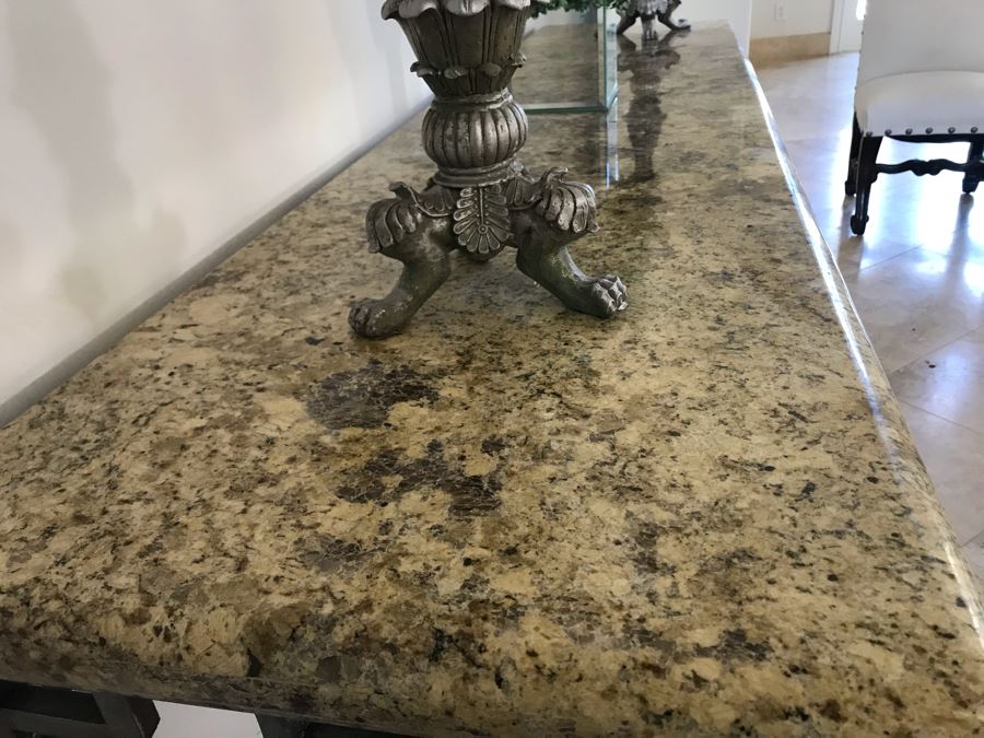 Large Console Entry Table With Thick Marble Top And Ornate Metal Silver Base 91'W X 21.5'D X 33'H [Photo 9]