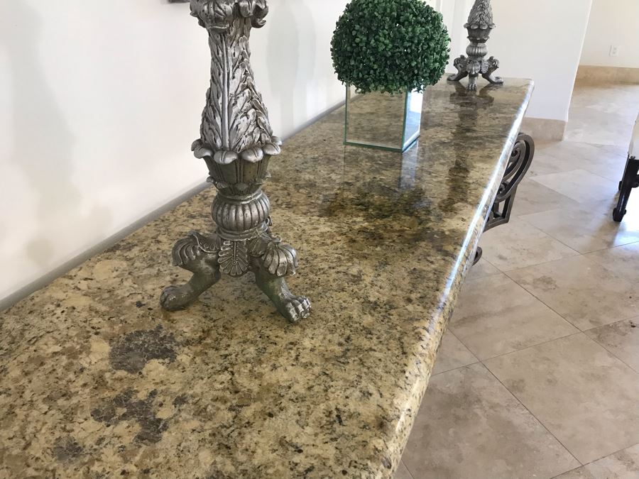 Large Console Entry Table With Thick Marble Top And Ornate Metal Silver Base 91'W X 21.5'D X 33'H [Photo 8]
