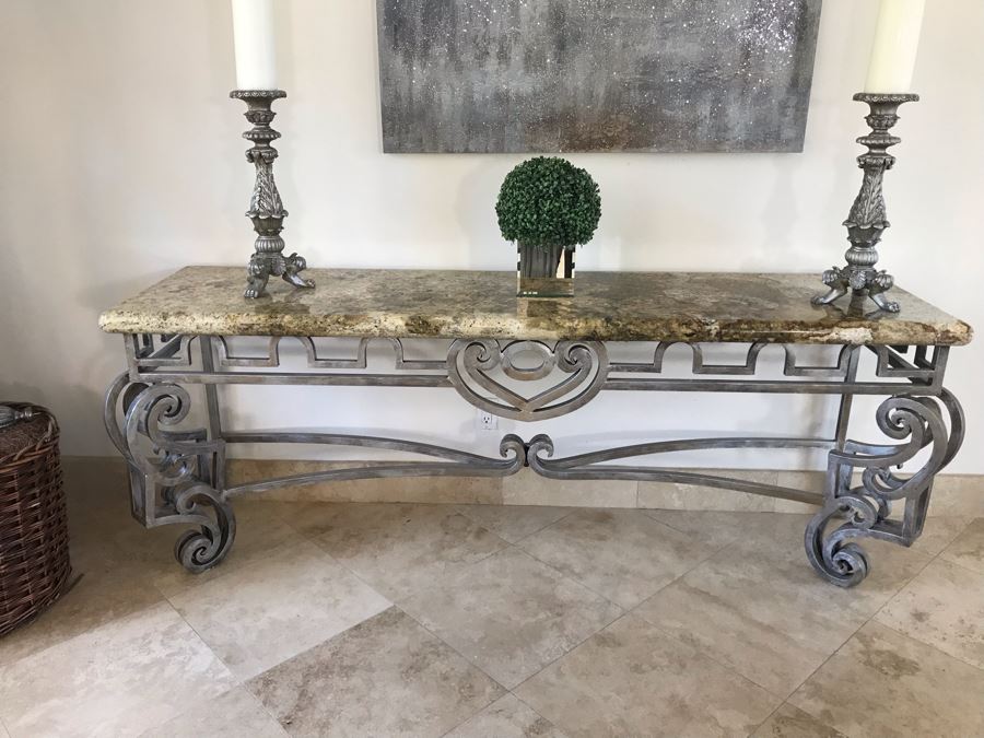 Large Console Entry Table With Thick Marble Top And Ornate Metal Silver Base 91'W X 21.5'D X 33'H [Photo 4]