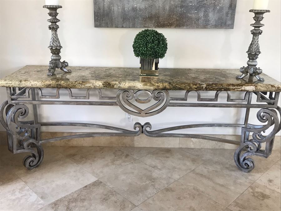 Large Console Entry Table With Thick Marble Top And Ornate Metal Silver Base 91'W X 21.5'D X 33'H [Photo 5]